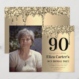 Gold 90th Ninety Drip Elegant Birthday Einladung