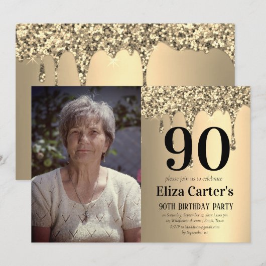 Gold 90th Ninety Drip Elegant Birthday  Einladung (Vorne/Hinten)