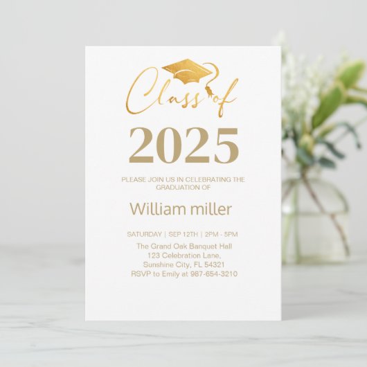 Gold Abschluss Class of 2025,Minimal grad Einladung (Stehend Vorderseite)