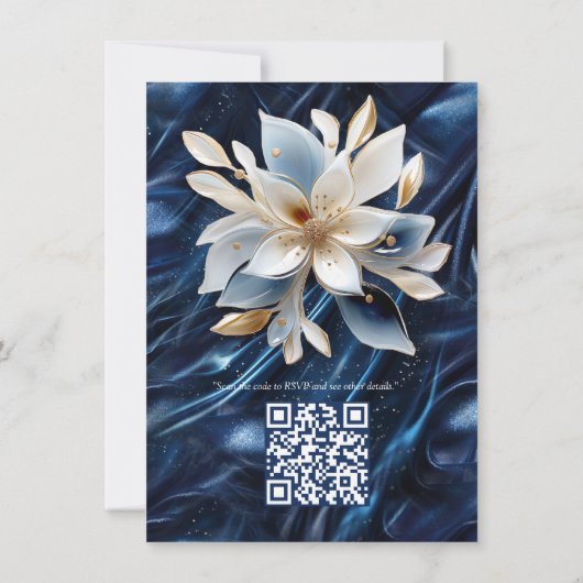 Gold abstrakte Blume auf Simmery Blue Silk Einladung (Rückseite)