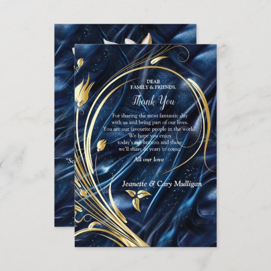 Gold abstrakte Blume auf Simmery Blue Silk RSVP Karte (Vorne/Hinten)