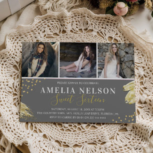 Gold Abstrakte FotoCollage Sweet 16 Geburtstag Einladung