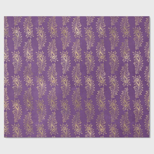 Gold Abstrakte Pfauenfedern auf Lila Geschenkpapier (Flach)