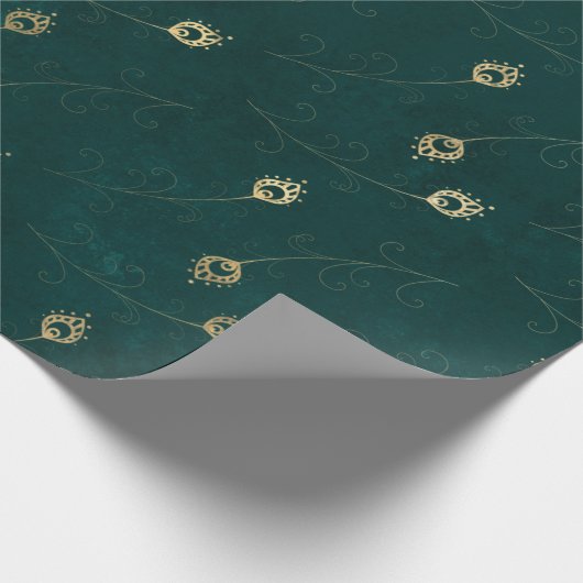 Gold Abstraktes Auge der Pfauenfedern auf Grün Geschenkpapier (Ecke)