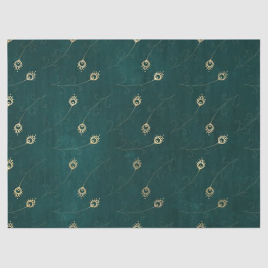 Gold Abstraktes Auge der Pfauenfedern auf Grün Seidenpapier (Vorderseite)