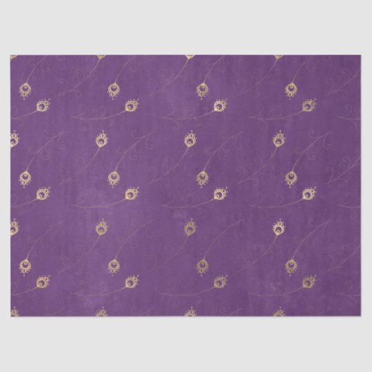 Gold Abstraktes Auge der Pfauenfedern auf Lila Seidenpapier (Vorderseite)