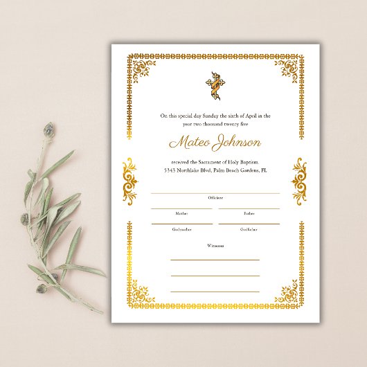 Gold Accents Elegantes katholisches Taufen-Zertifi