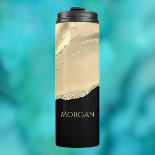 Gold Achat & Glitter, Goldener Name auf Schwarz Thermosbecher