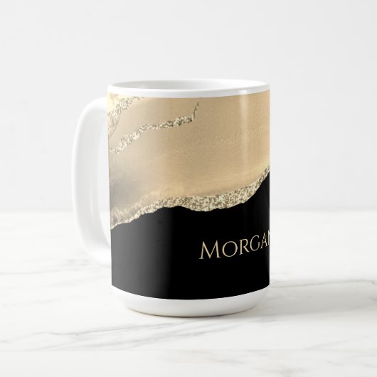 Gold Agate & Glitzer, Goldname auf schwarz Kaffeetasse (Vorderseite Links)
