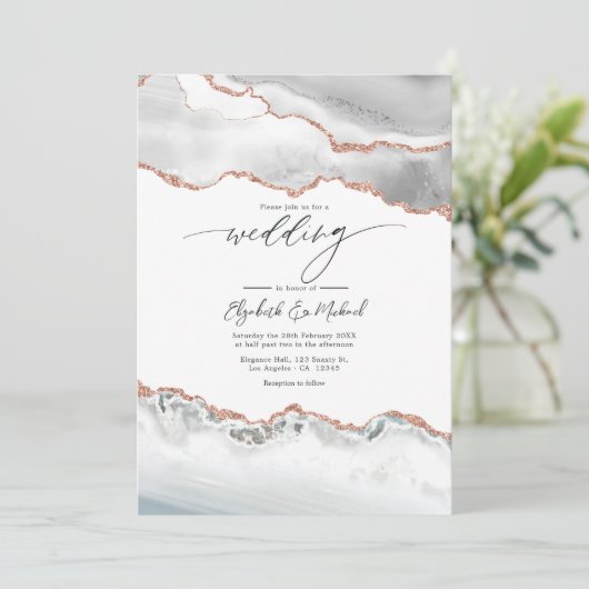 Gold Agate Hochzeitcode QR Code für Weiß und Rose Einladung (Stehend Vorderseite)