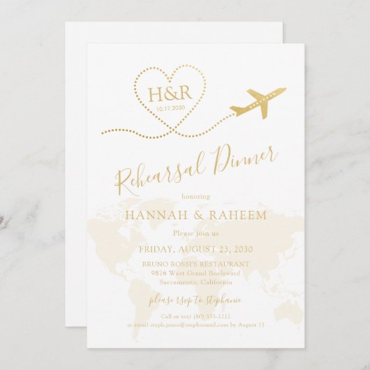 Gold Airplane Herzkarte Probe Abendessen Einladung (Vorne/Hinten)