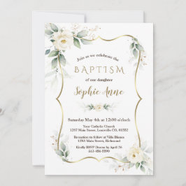 Gold Airy Greenery Weiße Elfenbeinblume Taufe Einladung