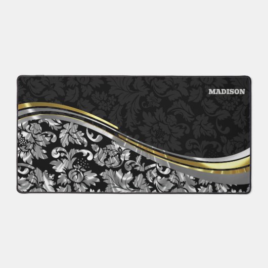 Gold-Akzente für schwarze und silberne Damaskus Schreibtischunterlage (Vorderseite)