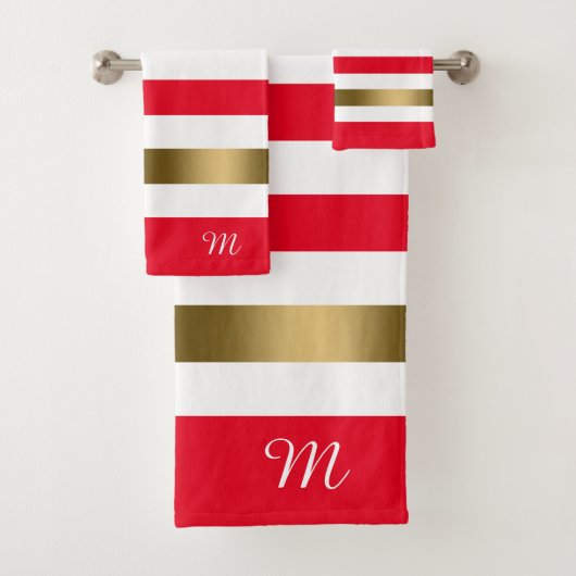 Gold-Akzente in Rot und Weiß Streifen, Monogramm Badhandtuch Set (Insitu)