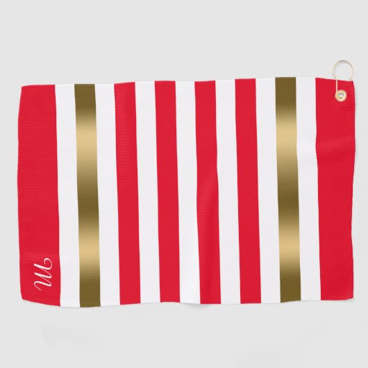 Gold-Akzente in Rot und Weiß Streifen, Monogramm Golfhandtuch (Horizontal)