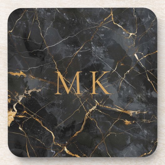 Gold Akzente Schwarzes Marmor Monogram Initialen Getränkeuntersetzer (Vorderseite)
