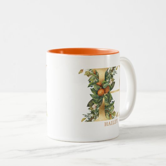 Gold Alphabet H Monogram | Blätter Zweifarbige Tasse (VorderseiteRechts)