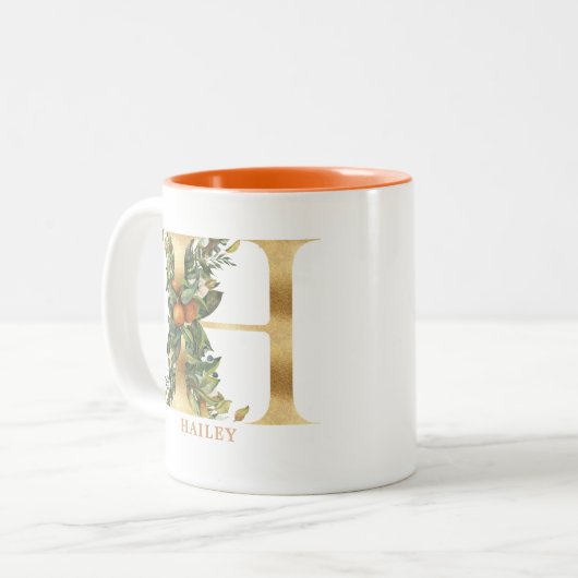 Gold Alphabet H Monogram | Blätter Zweifarbige Tasse (Vorderseite Links)