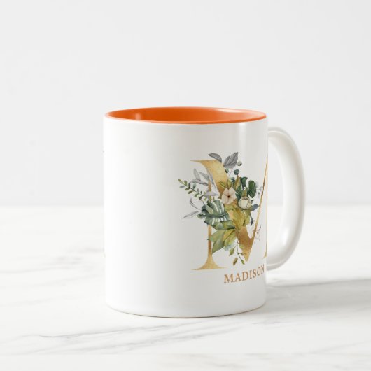 Gold Alphabet M Monogram | Blätter Zweifarbige Tasse (VorderseiteRechts)