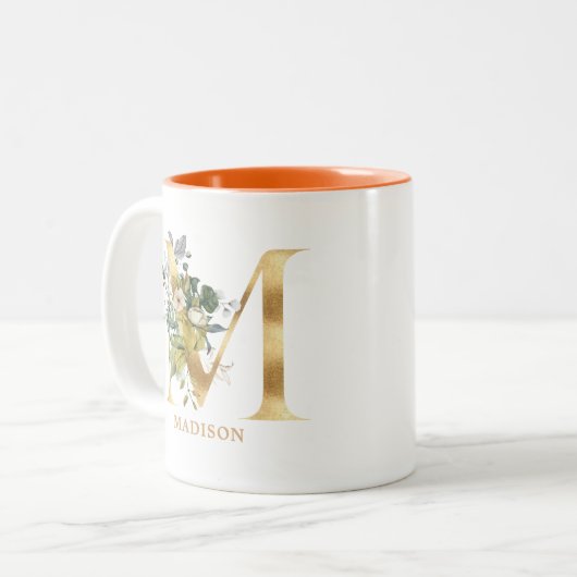 Gold Alphabet M Monogram | Blätter Zweifarbige Tasse (Vorderseite Links)