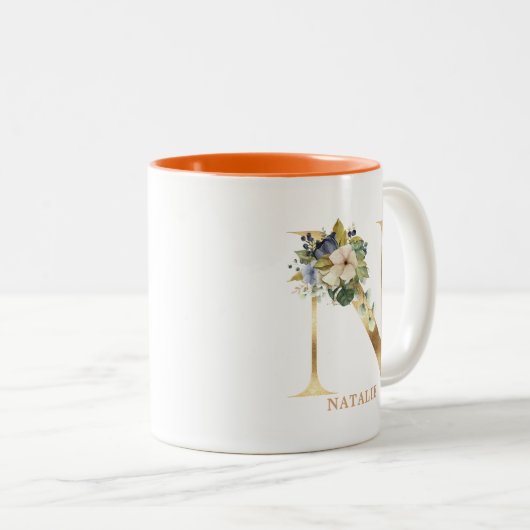 Gold Alphabet N Monogram | Blätter Zweifarbige Tasse (VorderseiteRechts)