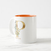 Gold Alphabet P Monogram | Blätter Zweifarbige Tasse (Vorderseite Links)