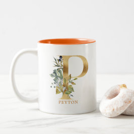 Gold Alphabet P Monogram | Blätter Zweifarbige Tasse