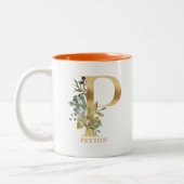 Gold Alphabet P Monogram | Blätter Zweifarbige Tasse (Links)