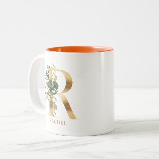 Gold Alphabet R Monogram | Blätter Zweifarbige Tasse (Vorderseite Links)