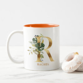 Gold Alphabet R Monogram | Blätter Zweifarbige Tasse