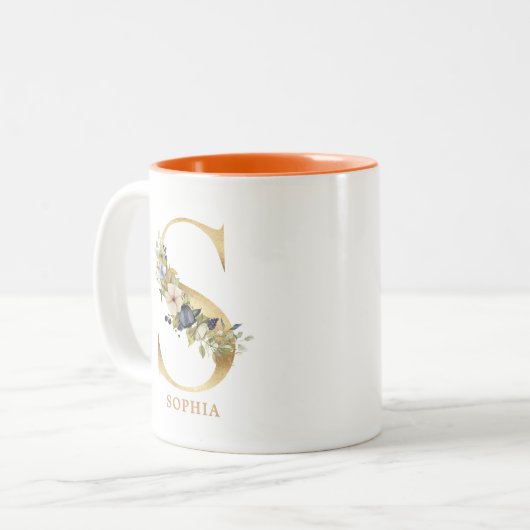 Gold Alphabet S Monogram | Blätter Zweifarbige Tasse (Vorderseite Links)