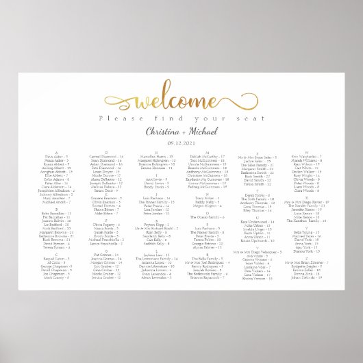 Gold Alphabetische Begrüßungstabelle Poster (Vorne)