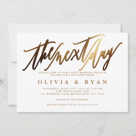 Gold am Morgen nach der Hochzeit Brunch Einladung (Vorderseite)