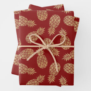 Gold Ananas auf Deep Red Geschenkpapier Set