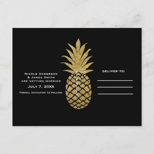 Gold Ananas Black Modern Tropical Save the Date Ankündigungspostkarte (Rückseite)
