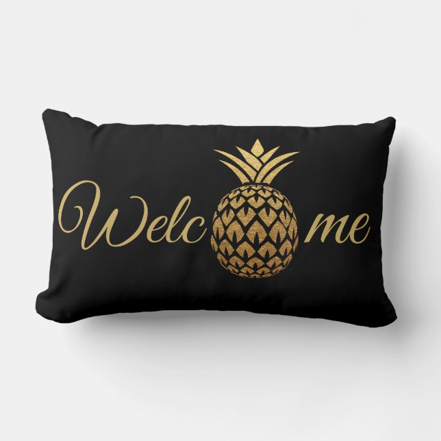 Gold Ananas Black Willkommen Lendenkissen (Vorderseite)