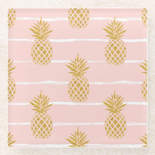 Gold Ananas, gestreift Sommer Hintergrund. Glasuntersetzer (Vorderseite)