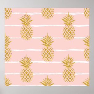Gold Ananas, gestreift Sommer Hintergrund. Poster