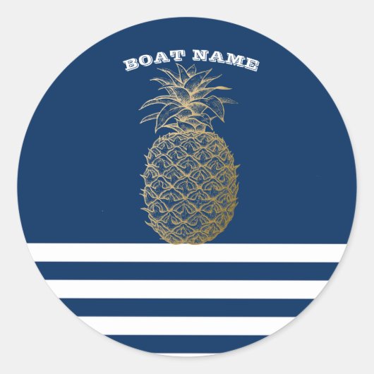Gold Ananas Nautical Navy Blau Streifen Runder Aufkleber (Vorderseite)