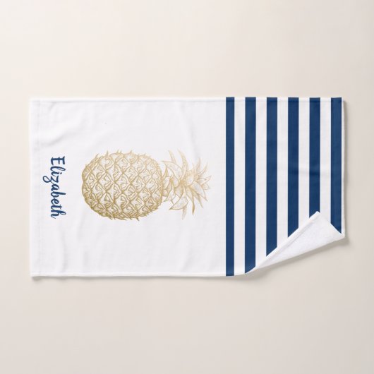 Gold Ananas Navy Blauer Streifen Badhandtuch Set (Handtuch)