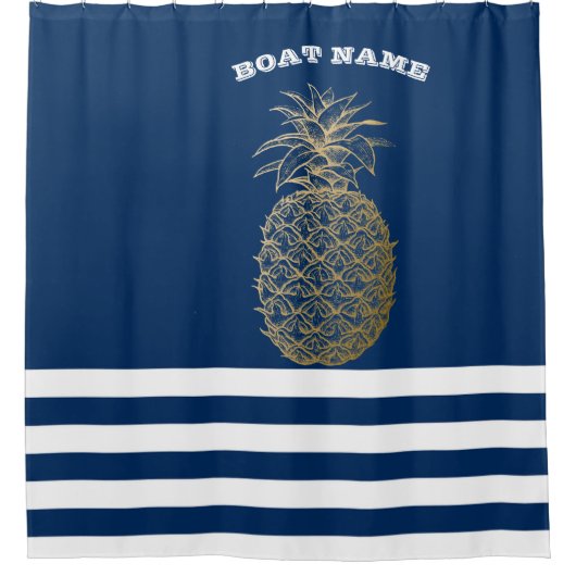 Gold Ananas Navy Blue Striped Duschvorhang (Vorderseite)