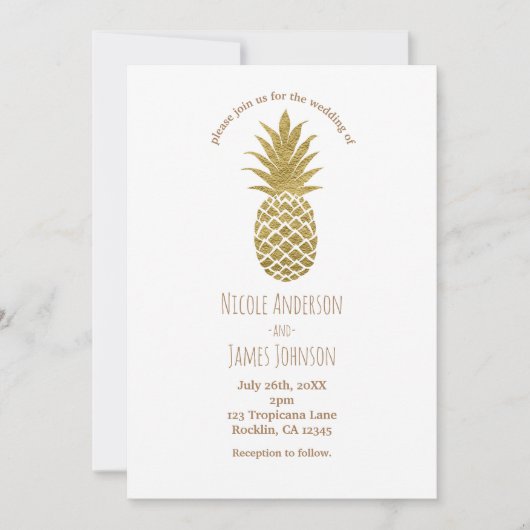 Gold Ananas White Modern Chic Tropical Wedding Einladung (Vorderseite)
