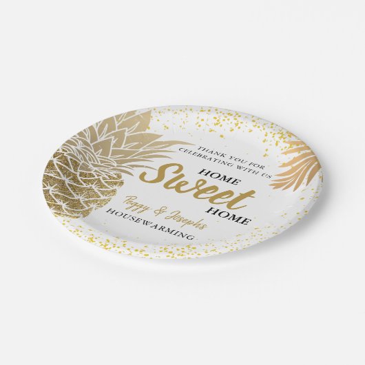 Gold Ananas Zuhause Sweet Zuhause Housewarming Pappteller (Schrägansicht)