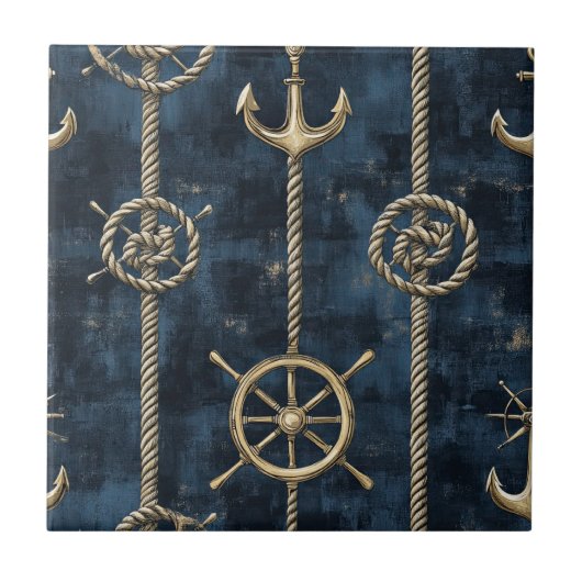 Gold Anchor & Helm Nautical Pattern Fliese (Vorderseite)