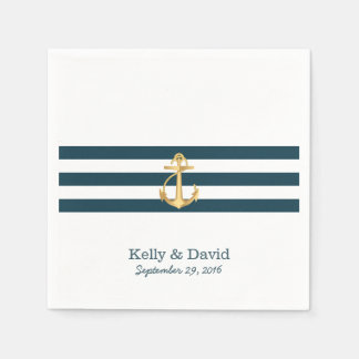 Gold Anchor Navy Blue Stripes Nautical Wedding Serviette