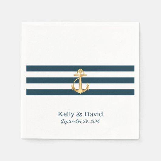 Gold Anchor Navy Blue Stripes Nautical Wedding Serviette (Vorderseite)