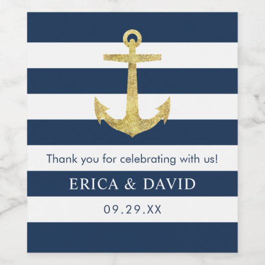 Gold Anchor Navy Blue Stripes Nautical Wedding Weinetikett (Einzelnes Label)