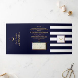 Gold Anchor Navy Blue & White Strip Wedding Suite Dreifach Gefaltete Einladung