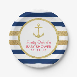 Gold Anchor Navy Stripes Nautical Baby Dusche Pappteller