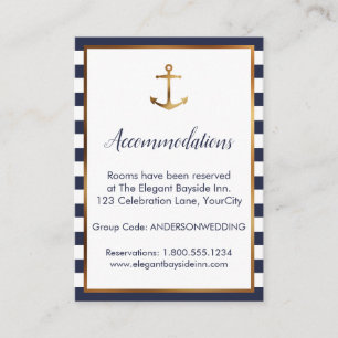 Gold Anchor Navy White Stripes Unterkunftskarten Begleitkarte